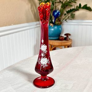Vintage Fenton Glass Red Floral Hand Painted Bud Vase